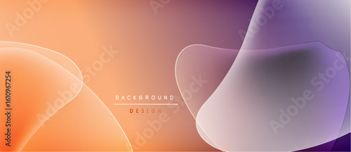 Abstract background features flowing shapes, gradient colors. Orange, purple hues blend smoothly creating modern visual effect.