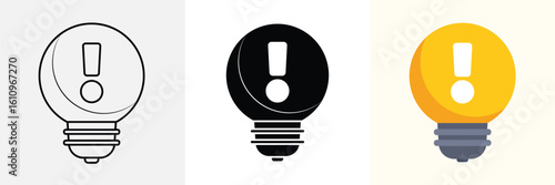 Set of light bulb is shining icon collection. Exclamation mark showing symbol.