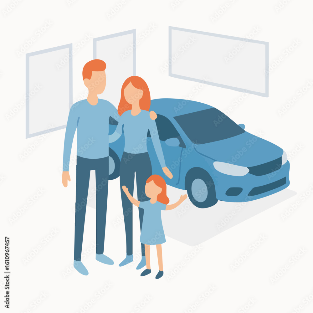 Obraz premium Flat Illustration Family Stands in Front of Their New Car Together