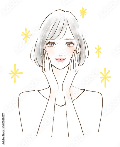 頬に手を当てる女性　笑顔の美魔女　キラキラ