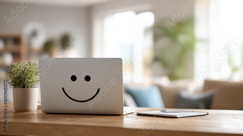 Happy smiles laptop displaying health and wellness makes cheerful statement on wooden table, radiating joyful and optimistic feeling