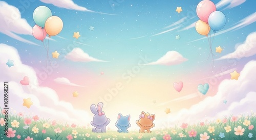 Three adorable cartoon animals gaze at a pastel sunset sky filled with balloons and stars, sitting in a field of flowers.