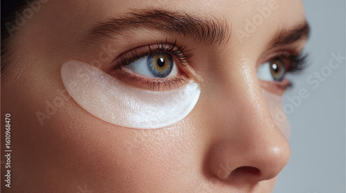 Woman with under eye patches for skincare, looking refreshed and radiant