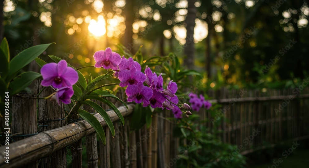 Fototapeta premium Serene Morning Glow with Vibrant Purple Orchids Along a Bamboo Fence in a Lush Garden Setting