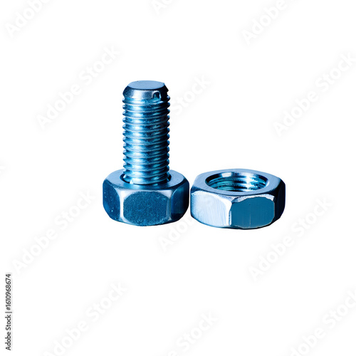 Macro Photo of Two Metal Nuts and Bolts, Precision Engineered Steel Fasteners in Blue, Detailed Industrial Hardware, Realistic High-Quality Close-Up Image