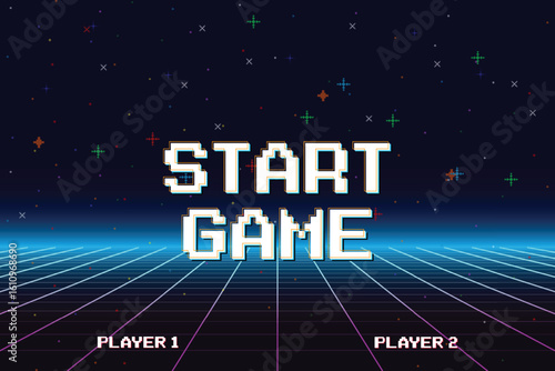 START GAME. pixel art .8 bit game. Retro Futurism Sci-Fi Background. glowing neon grid. and stars from vintage arcade computer games