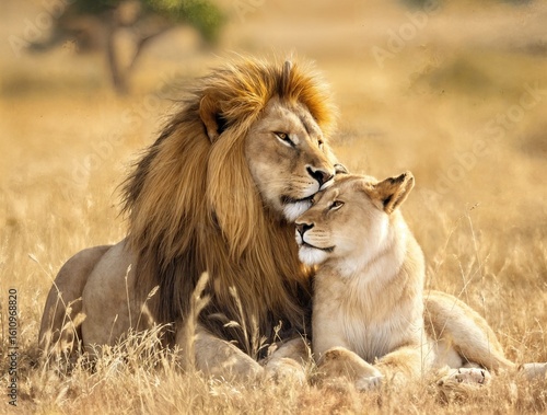 Wallpaper Mural Male and Female Lions Resting Peacefully in Golden African Savanna Torontodigital.ca
