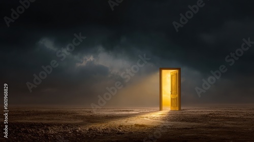 Ajar doorway emits a golden glow on a barren landscape under a stormy, clouded sky