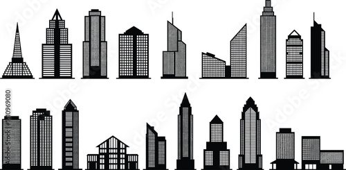 Black city buildings, urban skyline icons, modern skyscrapers, real estate vector, business tower silhouettes, architecture illustration, residential office structures, set
