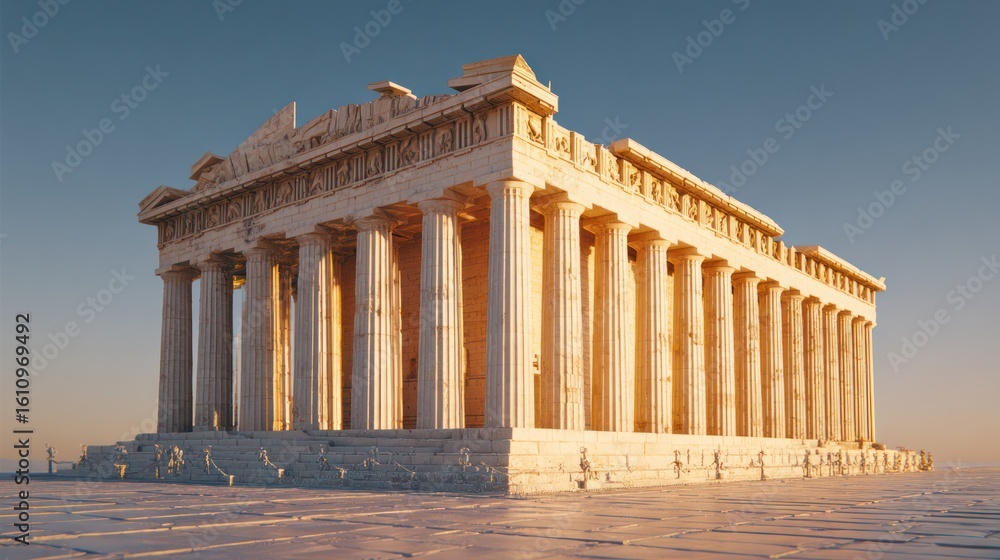 Obraz premium Ancient marble temple with columns bathed in golden sunlight, set against a serene sky