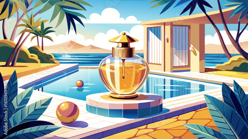 very Beautiful  close up  Luxury womens fragrance, bottle of perfume scent by the swimming pool in summer, bespoke perfumery and beauty product sale commercial,  white background.