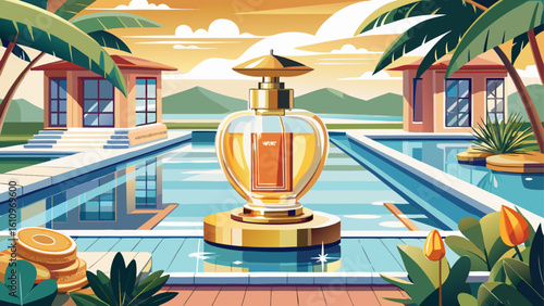 very Beautiful  close up  Luxury womens fragrance, bottle of perfume scent by the swimming pool in summer, bespoke perfumery and beauty product sale commercial,  white background.