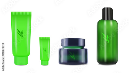Realistic jar and tube for cream shampoo. Color green. For advertising presentation and website. Layout poster packaging concept beauty blog online store. Vector illustration.