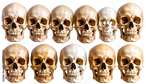 Row of human skulls, various expressions