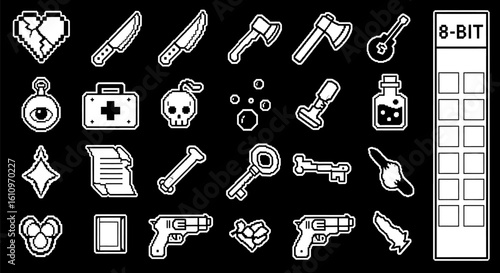 8bit Game Icons with Horror, RPG, and Black Background.
