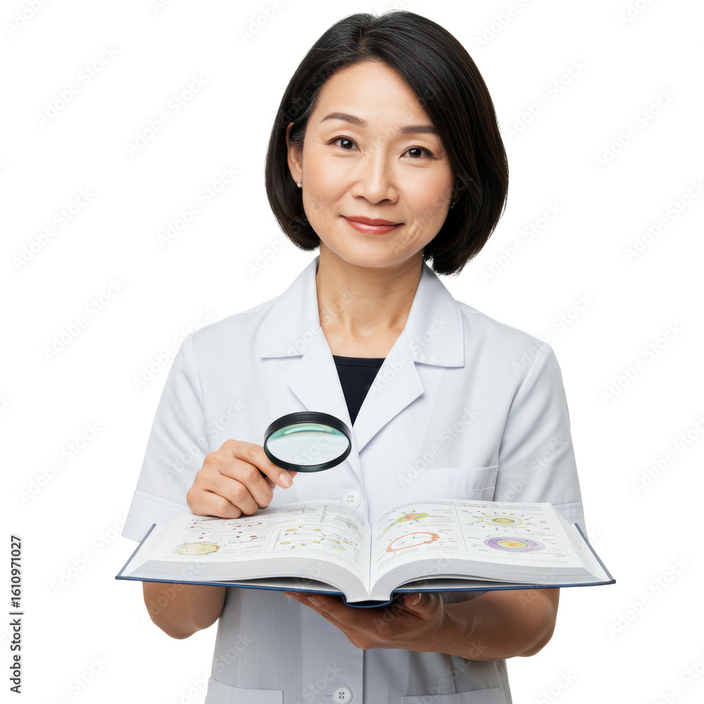 Asian scientist uses a magnifying glass to study biology diagrams in a textbook. Asian scientist uses a magnifying glass to study biology diagrams in a textbook.