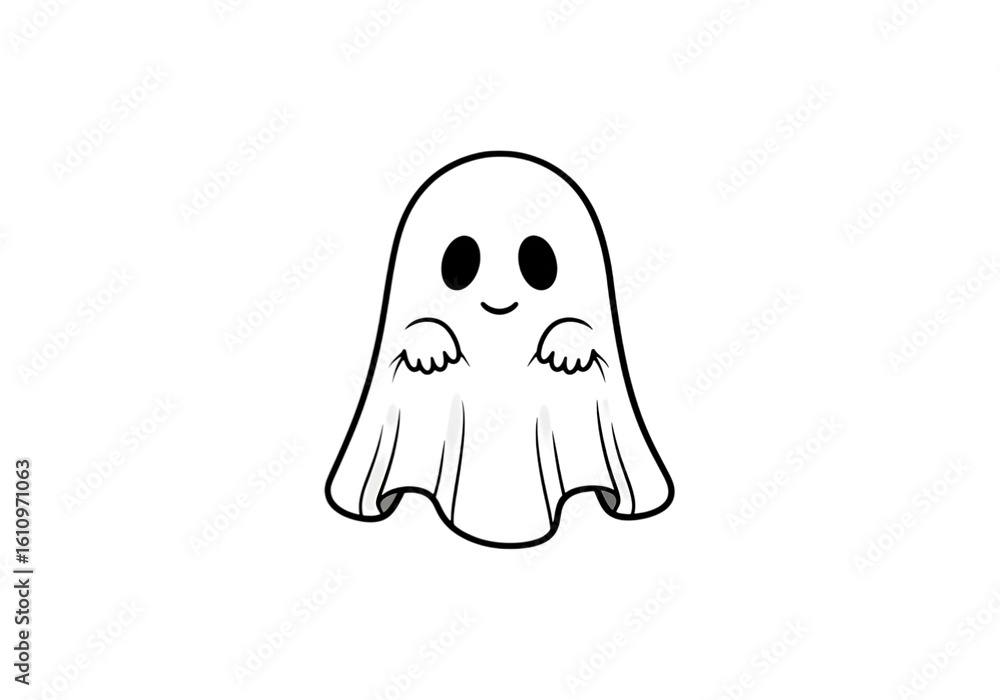 Friendly Cartoon Ghost Illustration; Halloween Design Element; Black and White; Cute, Playful Mood Friendly Cartoon Ghost Illustration; Halloween Design Element; Black and White; Cute, Playful Mood