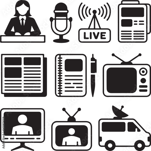 News broadcast icons featuring people and equipment media television