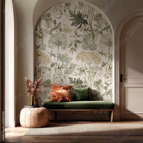 Stylish accent wall with unique wallpaper in a contemporary setting.