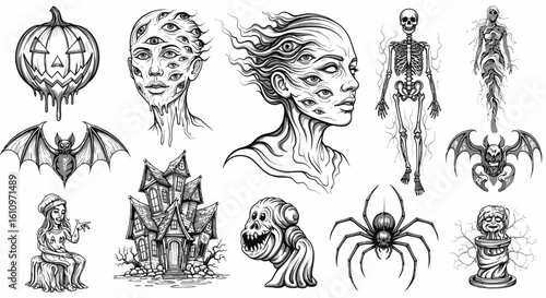 Halloween Sketch Set Creepy elements.