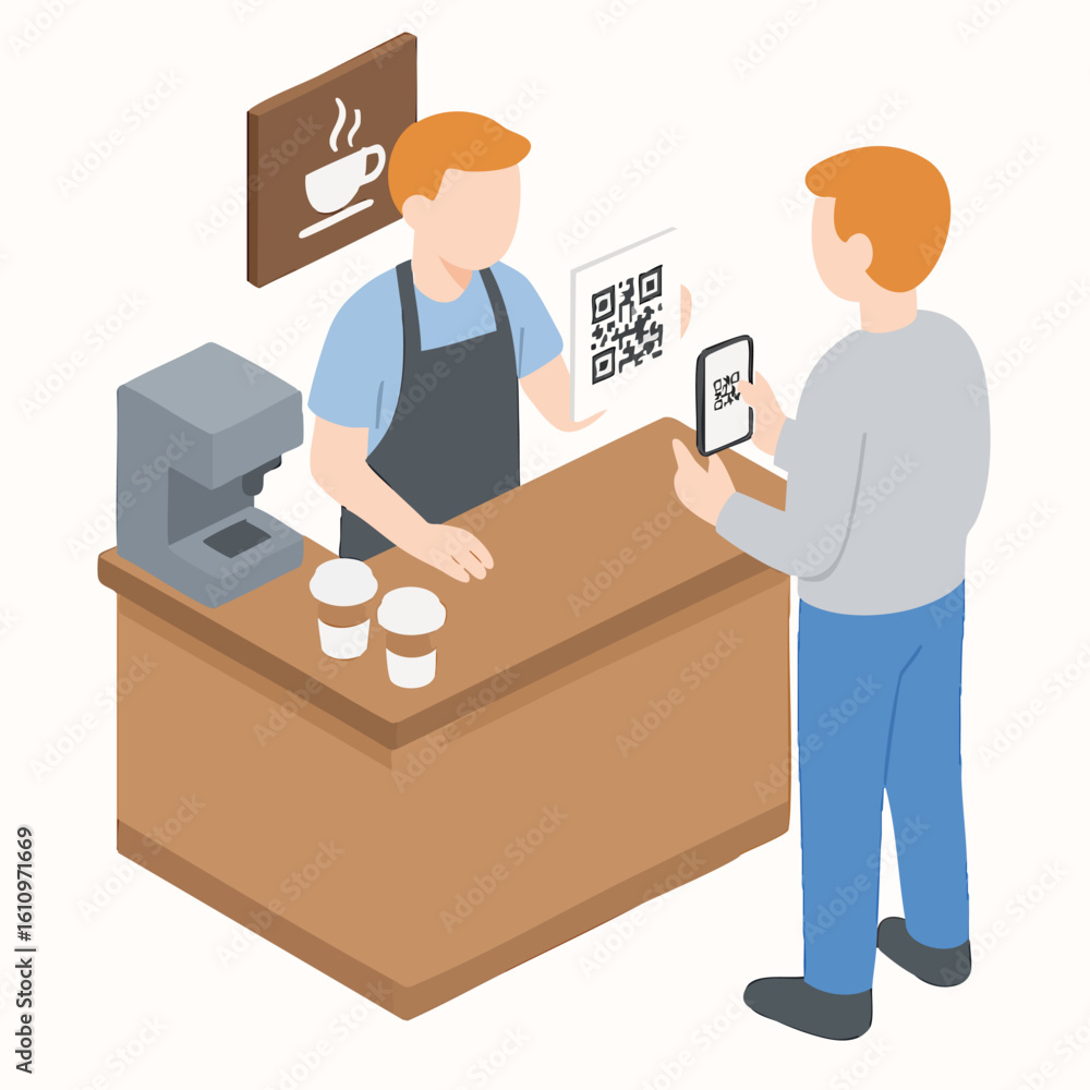Obraz premium Isometric Scene of a Man Paying with QR Code at Cafe