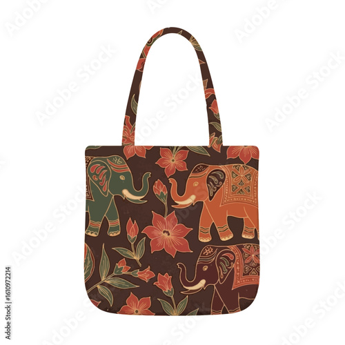 Ornate elephant and floral design tote bag.