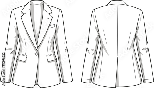 CAD drawing flat vector illustration of professional blazer, front and back views, double lapel, tailored  