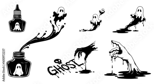 Halloween Ghosts with Ink, Vector, and Isolated.