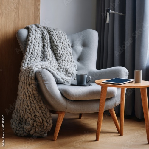 A comfortable armchair adorned with a knitted blanket, inviting relaxation.