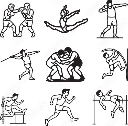set of sports icons.Shot put , pole vault,, gymnastics, javelin throw , wrestling, running, sprints, hurdling, High jump.