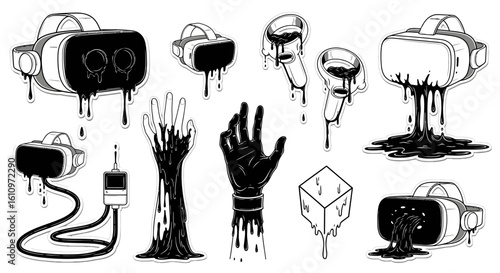 VR Meltdown with Dystopian Tech, Black Goo, and Horror.