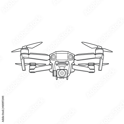Drone Flying Vector Line Drawing, Isolated Background