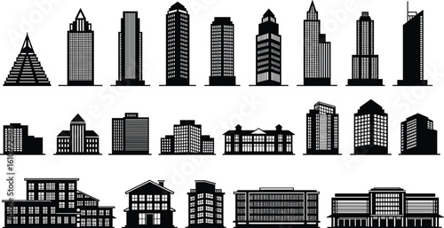City skyline silhouette building set, modern skyscrapers, urban towers, black architecture icons, real estate elements, business, apartment, office vector design