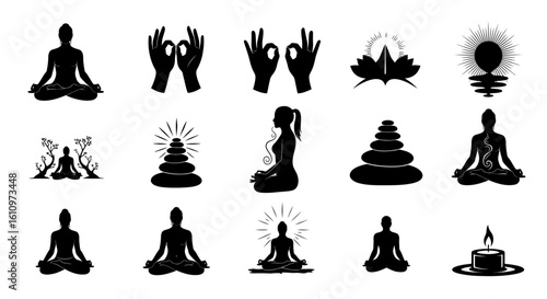 Yoga Meditation Set with Silhouettes, and Wellness.