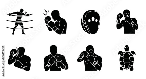 Boxing Icon Set with Sport, Training, Silhouette, and Ring.