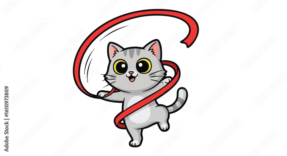 Obraz premium Cute cartoon gray tabby cat playfully twirling a red ribbon.