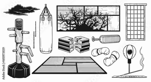 Martial Arts Doodle Training Equipment Sketch.