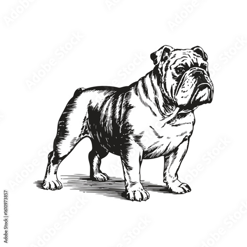 engraving vintage Bulldog standing vector art illustration, old vintage bulldog design.