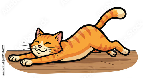 Cartoon orange tabby cat stretching on a wooden surface.