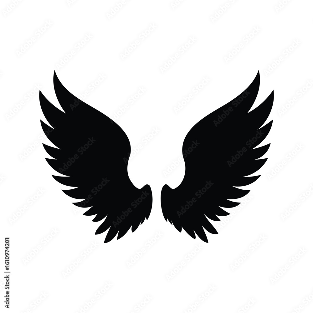 Fototapeta premium Stylized vector drawing of symmetrical black angel wings on white background