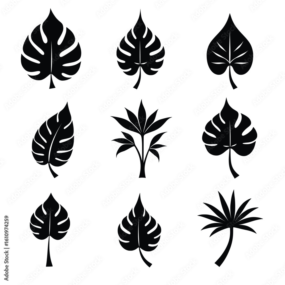 Fototapeta premium A Minimalist Design Features Nine Stylized Black Tropical Leaves On A Clean White Background