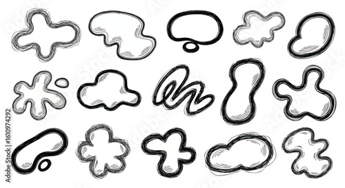 Collection of abstract, black and white, cartoonish shapes resembling clouds or thought bubbles.