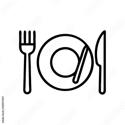 Simple line drawing of fork and knife beside empty plate  