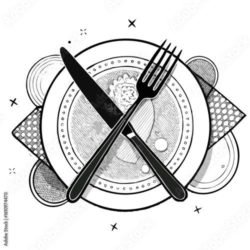 Black and white illustration of crossed knife and fork on plate  