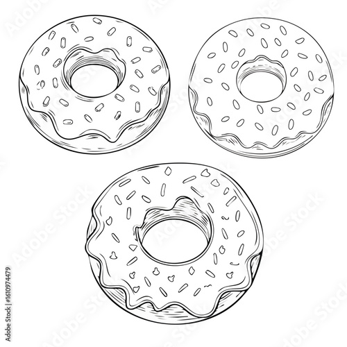 Clean vector icon of a donut with icing and sprinkles, drawn in sketchy outline style