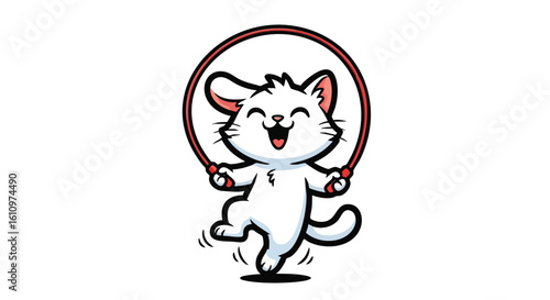 Cartoon white cat joyfully jumping rope, a cute illustration.