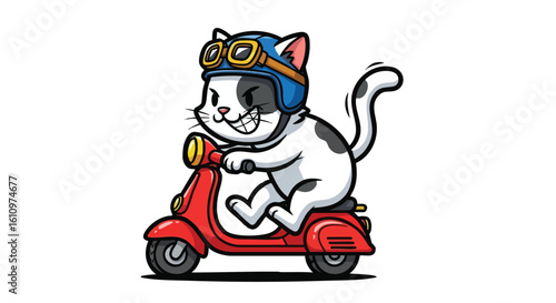 A mischievous cartoon cat, wearing goggles and a helmet, rides a red scooter with a smirk.