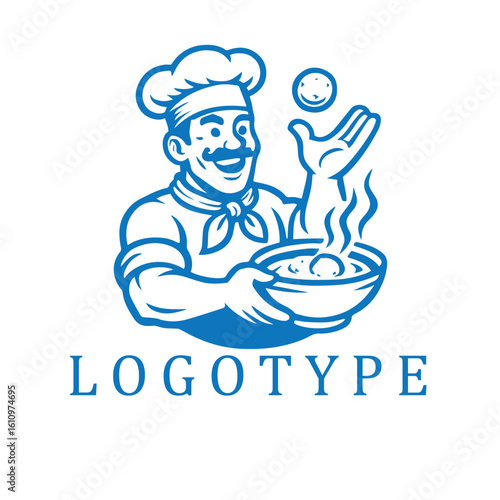 Muscular cartoon chef tossing bakso into a steaming bowl.