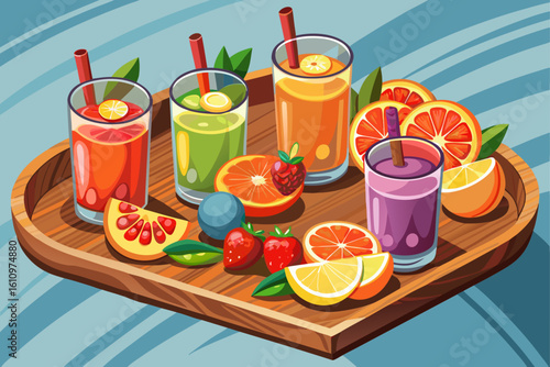 vector of A few glasses of fruit juice that are full of fruit juice and pieces of fruit next to the glass of fruit juice in a tray on a wooden table...