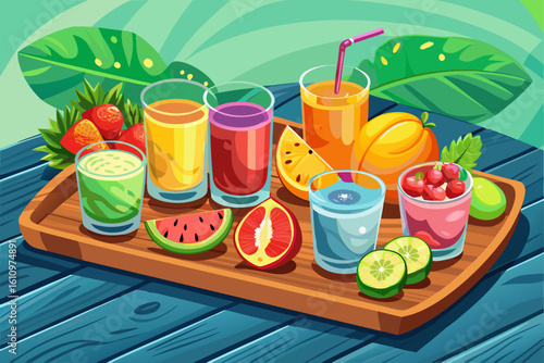 vector of A few glasses of fruit juice that are full of fruit juice and pieces of fruit next to the glass of fruit juice in a tray on a wooden table...